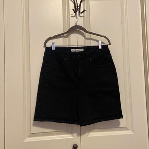 Black mid length, high rise jean shorts